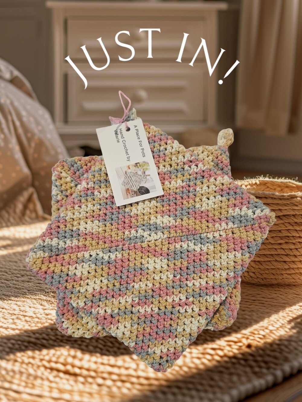 Crochet Potholder Set of 2: Rosey Cheeks Color Series Cotton, Heat Resistant